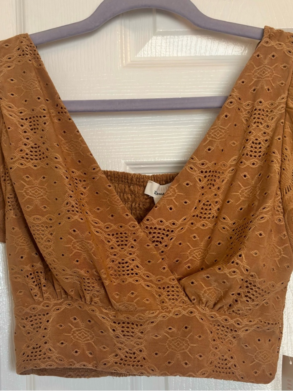 Urban Romantics Brown Eyelet Lace Crop Top Flutter Sleeve Smocked Back Boho NWT
